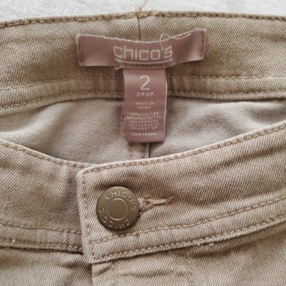 Vtg Chicos Tan Crop Jeans Size 2 Stretchy Khaki 5 Pocket Cuffed 10"Rise 38"Waist - Picture 5 of 6